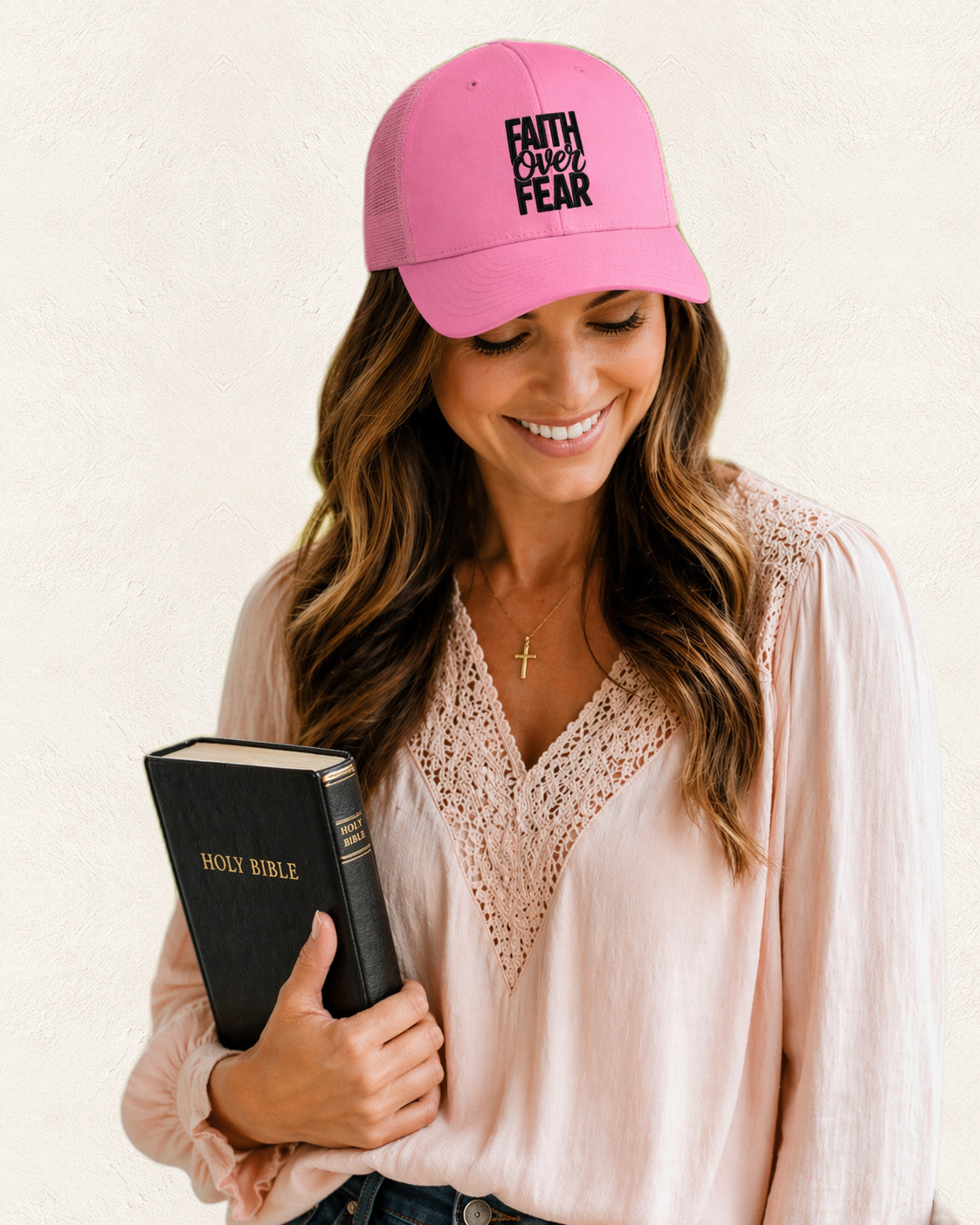 Faith Over Fear Embroidered Trucker Hat — original product and design — warm ivory background