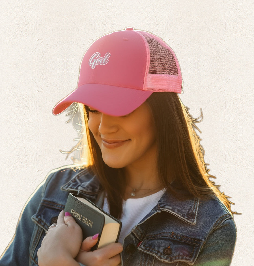 God Embroidered Trucker Hat — original product and design — warm ivory background