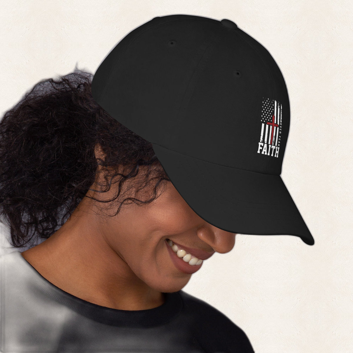 Faith Over Fear DTF Printed Cap — original product and design — warm ivory background