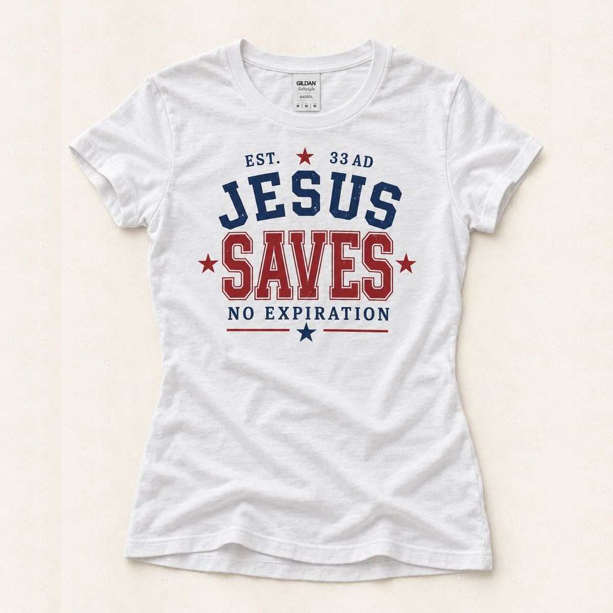 Jesus Saves women's White T-shirt rumpled garment, ivory background