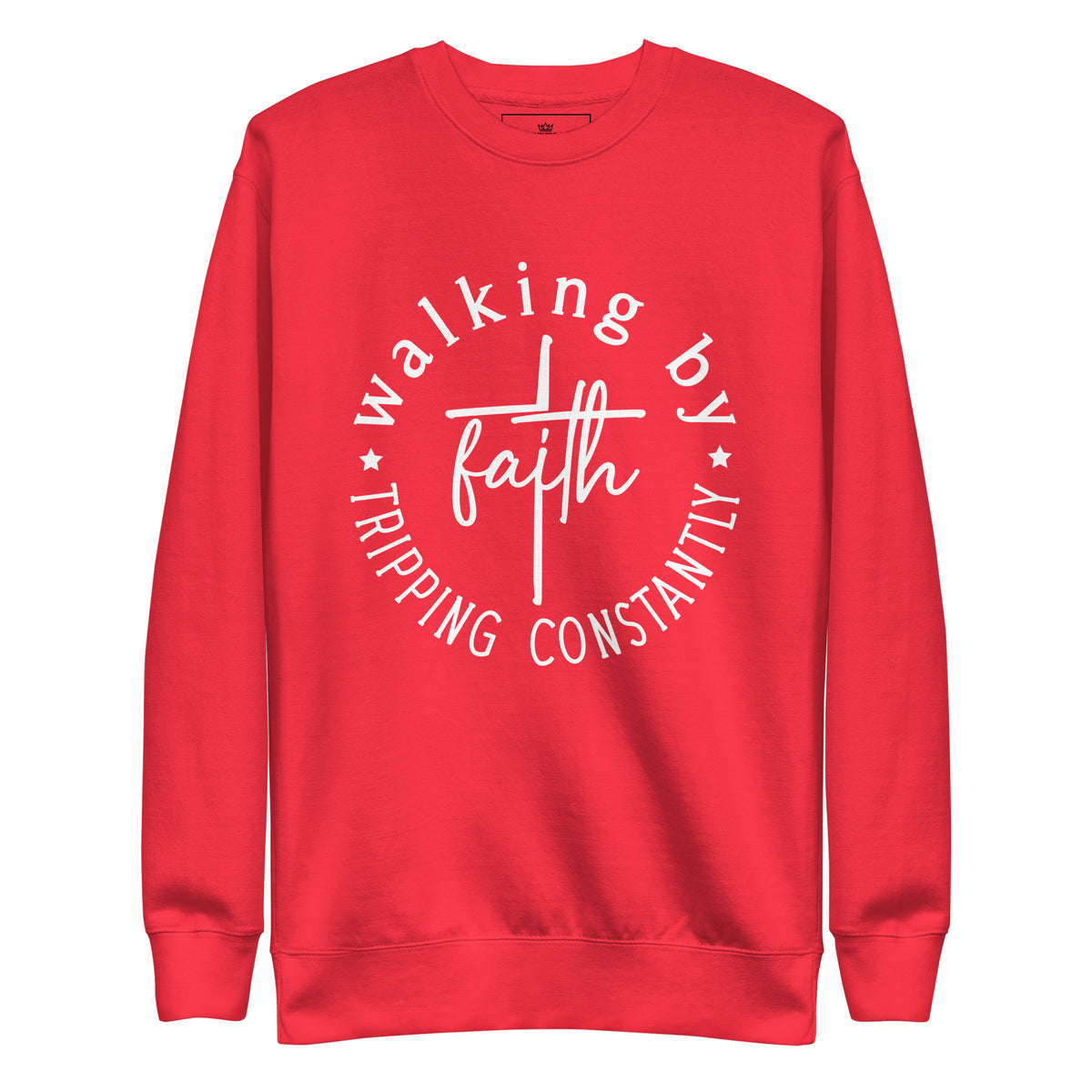 Walking by Faith unisex Christian sweatshirt in Team Red with white cross and faith design, front view