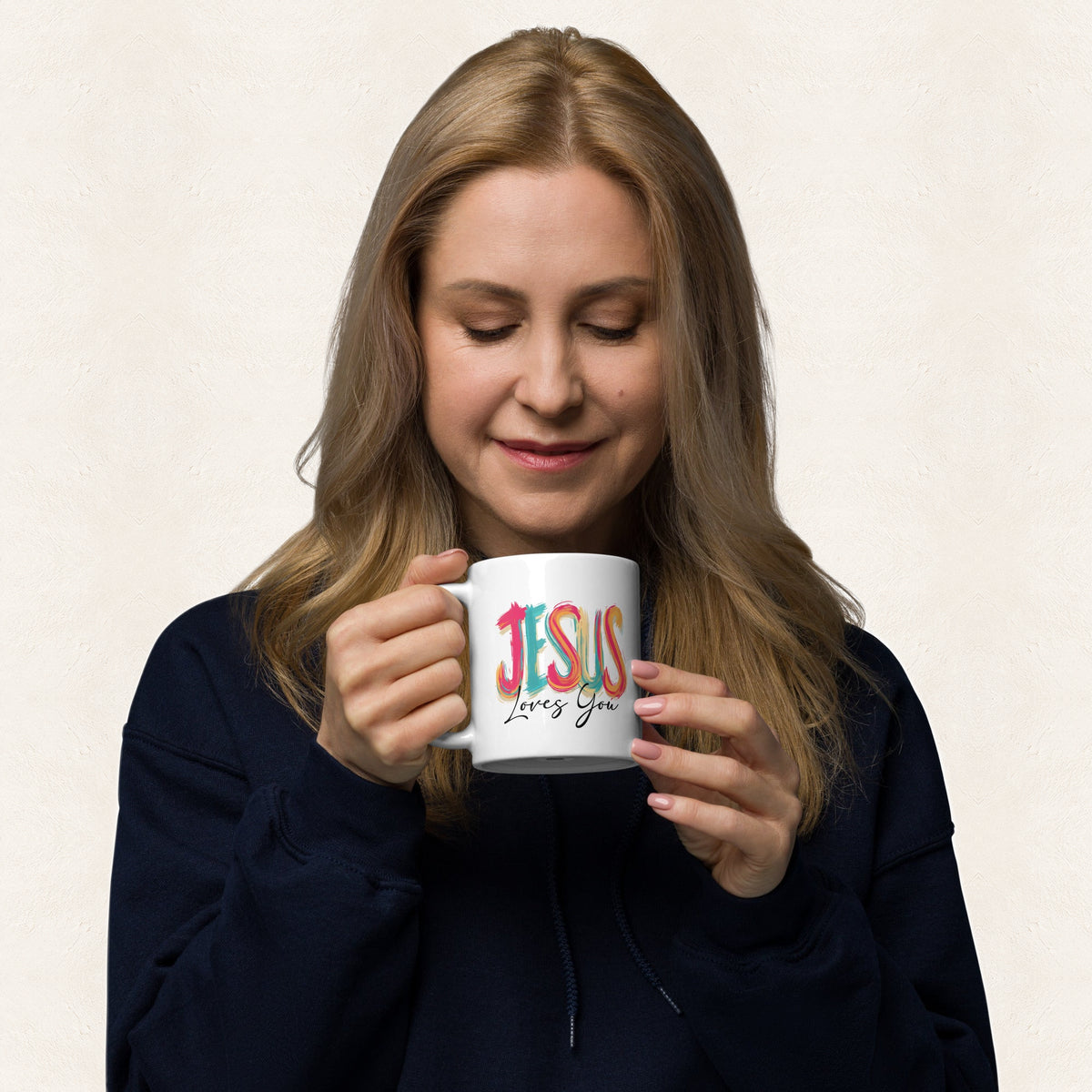 Living in Faith Mug — original model and design — warm ivory background