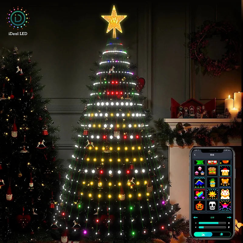 Smart Christmas Tree Toppers Lights App DIY Picture LED RGB String Light Bluetooth Control LED Star String Waterfall Xmas