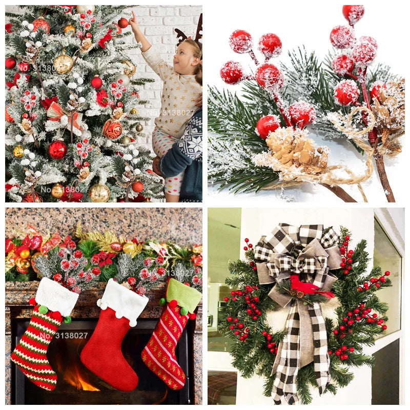 5Pcs Christmas Red Berry Articifial Flower Pine Cone Branch Christmas Tree Decorations Ornament Gift Packaging Home DIY Wreath