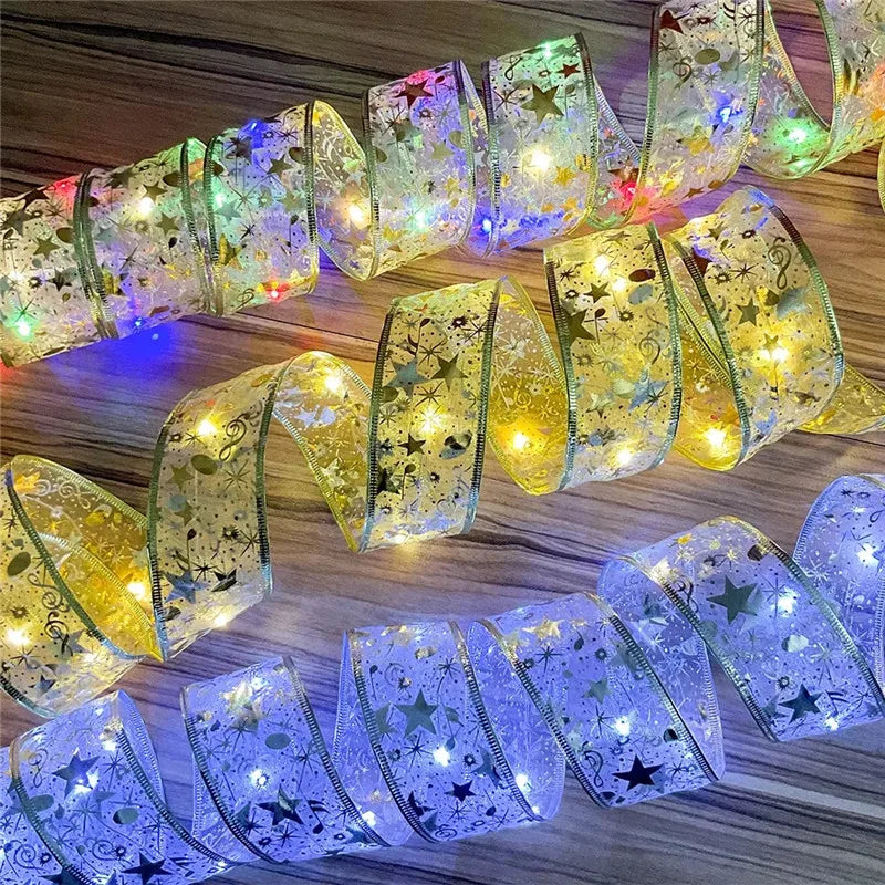 Christmas Decoration LED Ribbon Fairy Lights Christmas Tree Ornaments for Home 2024 DIY Bows Light String Navidad New Year 2025