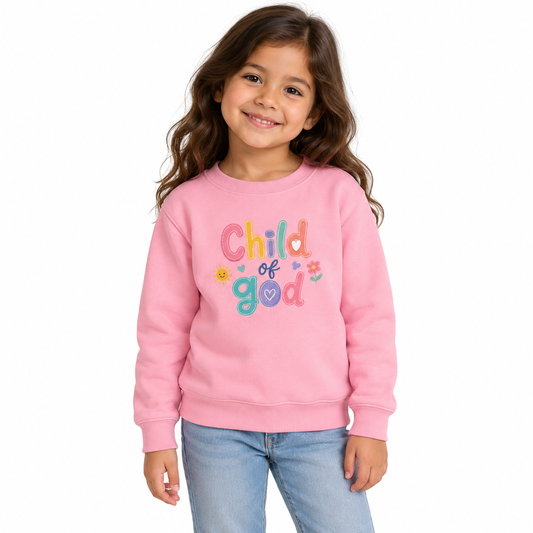 Girl wearing a pink Child of God Christian sweatshirt on a white background