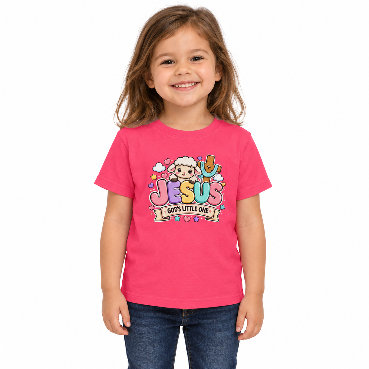 Toddler girl wearing the pink Jesus God's Little One T-shirt