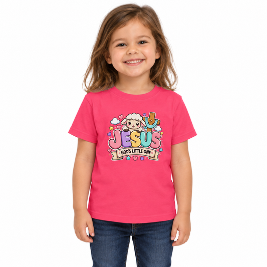 Toddler girl wearing the pink Jesus God's Little One T-shirt