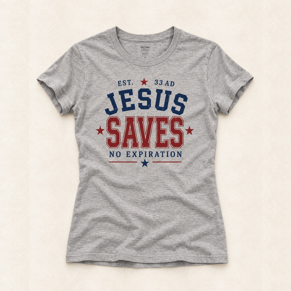 Jesus Saves women's Sport Grey T-shirt rumpled garment, ivory background