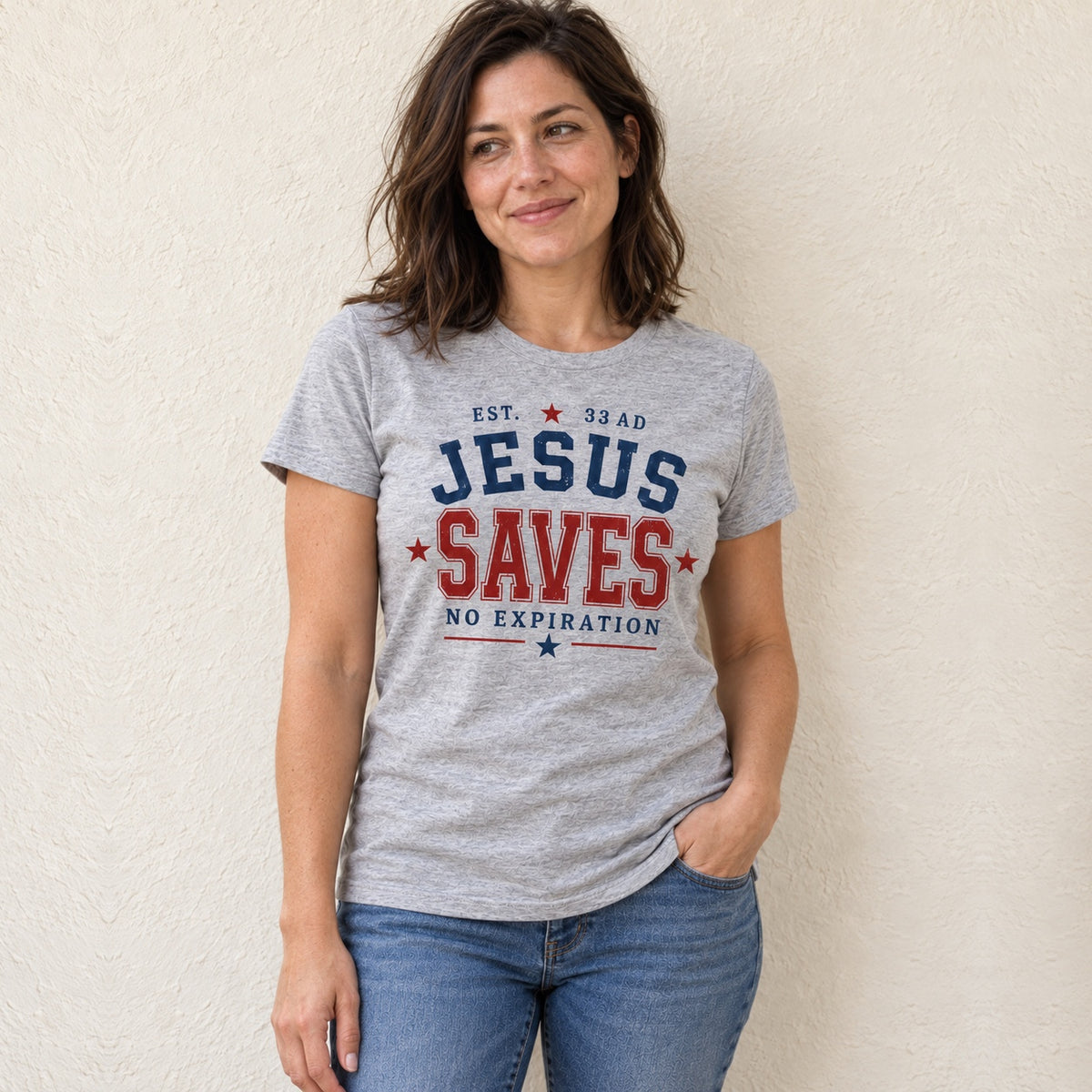 Jesus Saves women's Sport Grey T-shirt natural portrait, ivory background