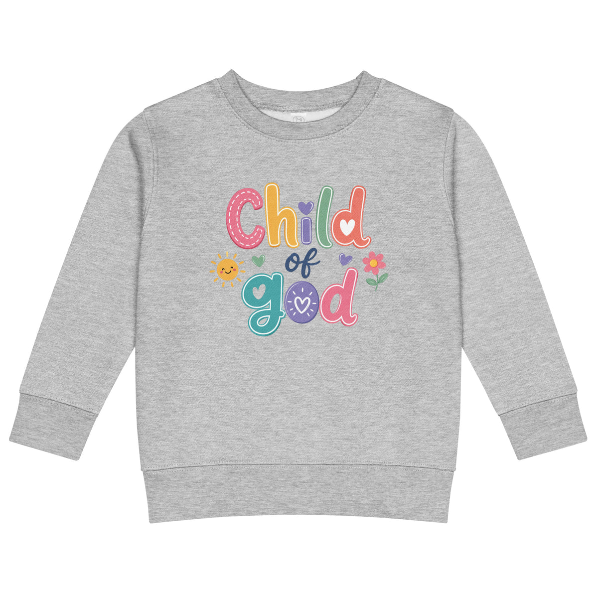Child of God girls' Christian sweatshirt in Heather, front view with colorful faith design