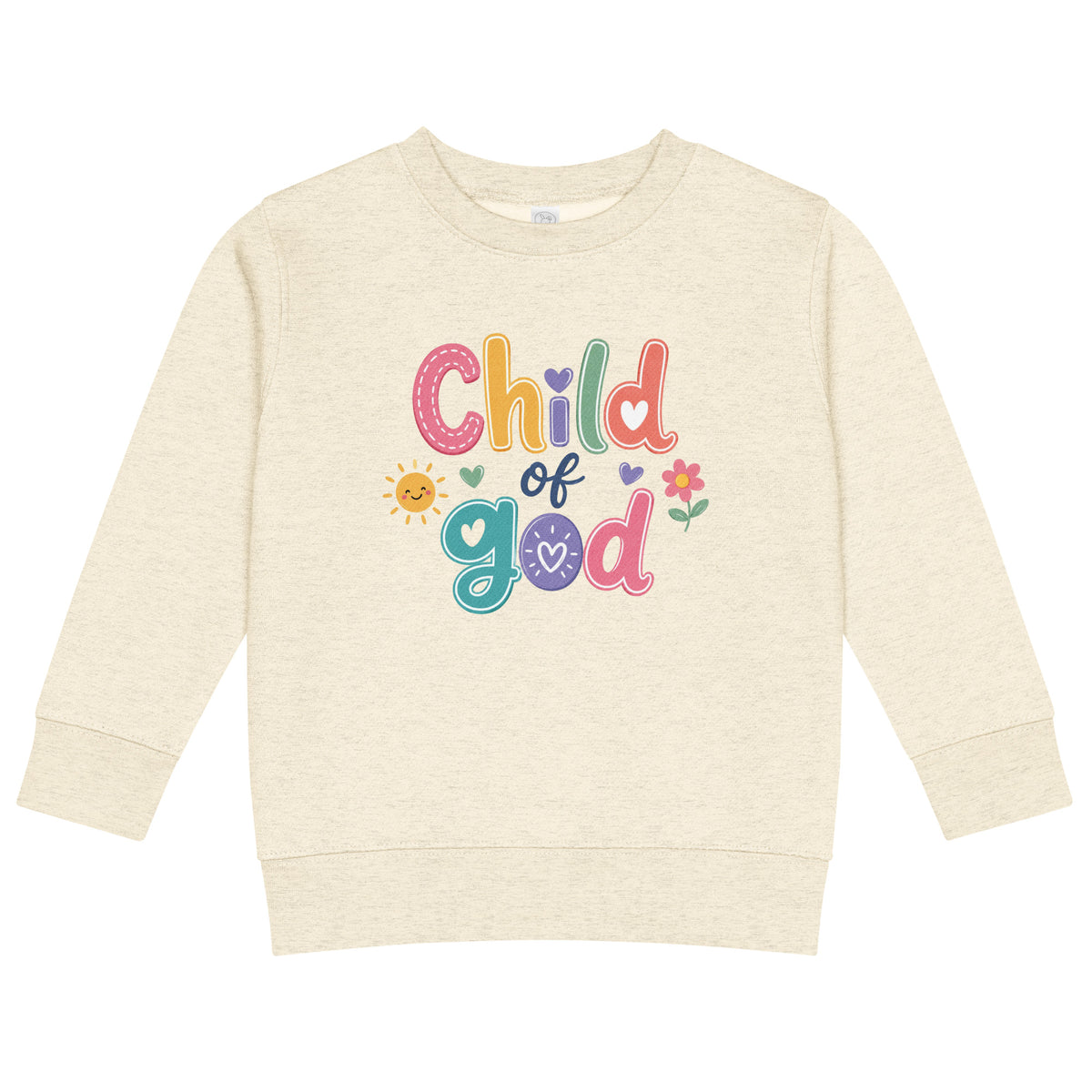 Child of God girls' Christian sweatshirt in Natural Heather, front view with colorful faith design