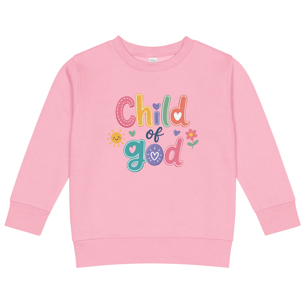 Child of God girls' Christian sweatshirt in Pink, front view with colorful faith design