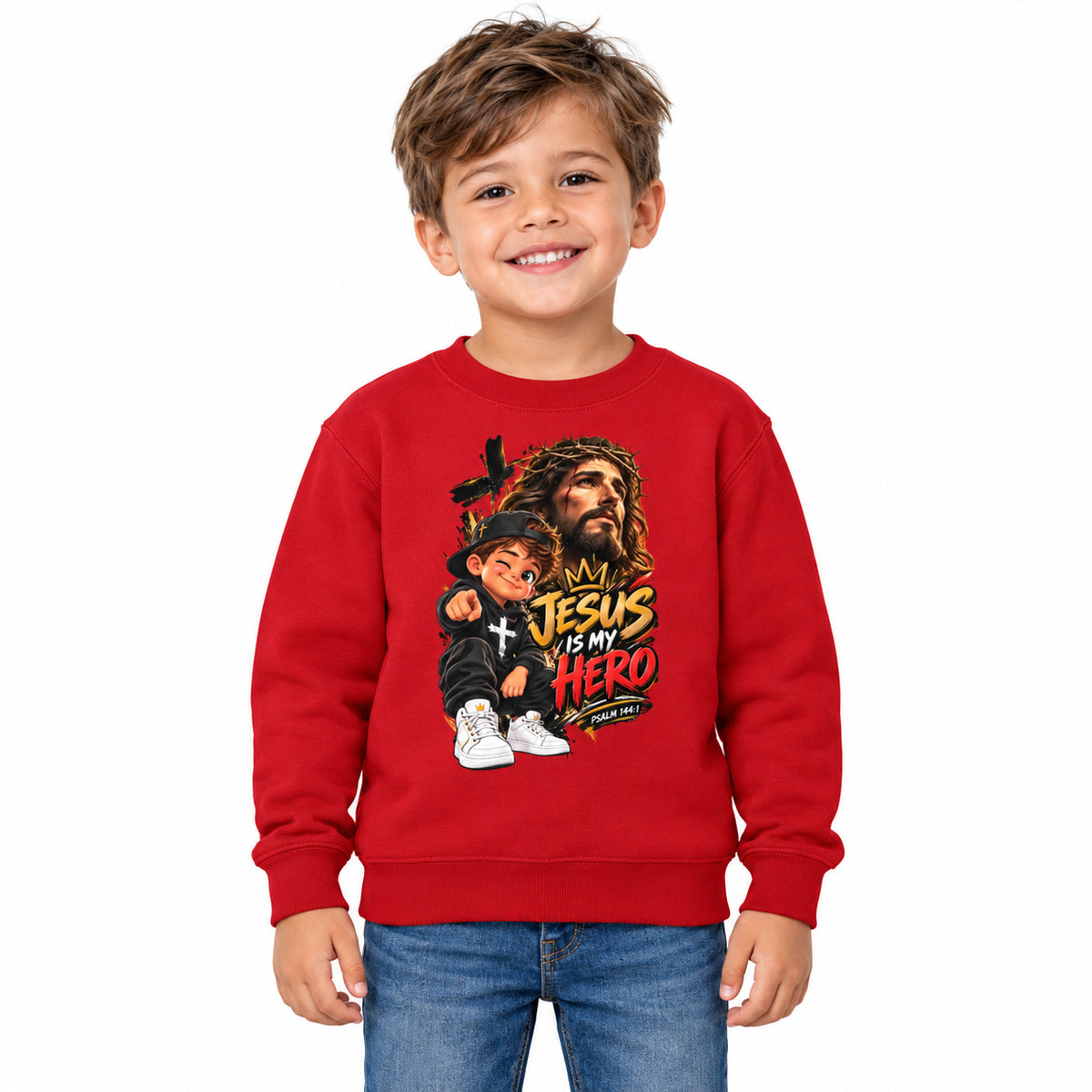 Boy wearing a red Jesus Is My Hero kids Christian sweatshirt on a white background