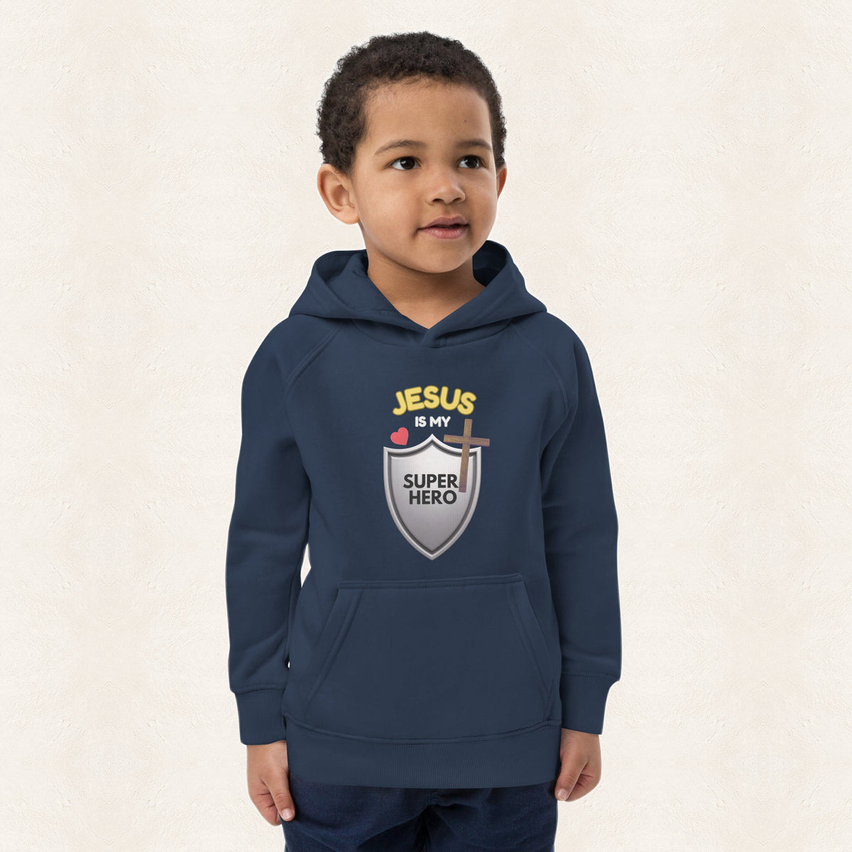 Jesus Is My Superhero Kids Hoodie — original product and design — warm ivory background