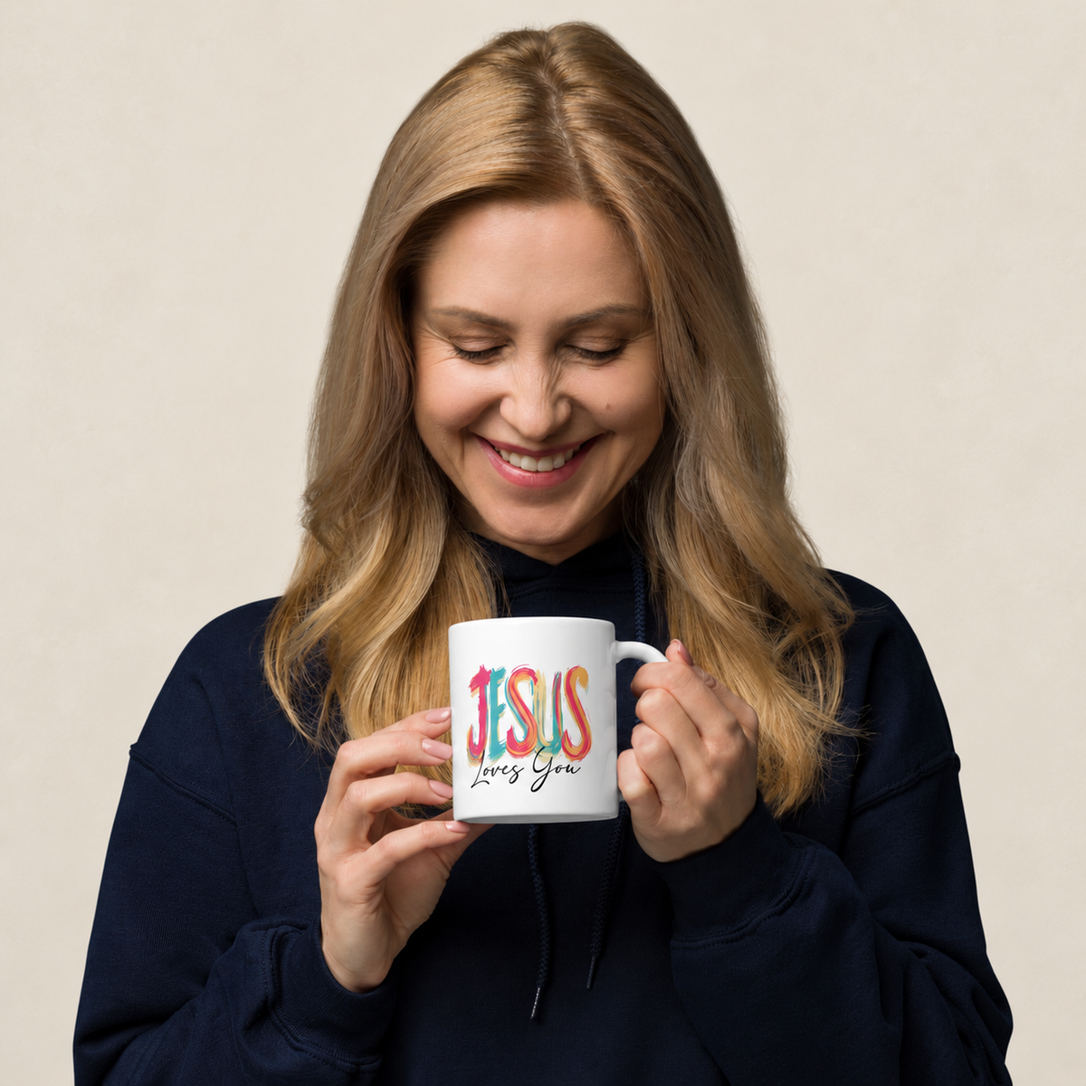 Living in Faith Mug — original model and design, warm ivory background