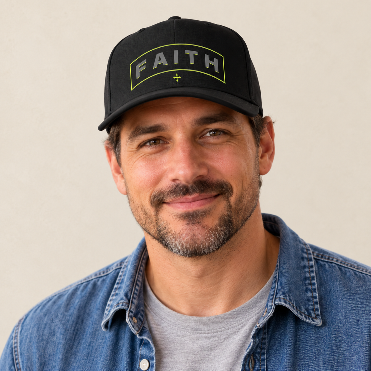 Faith DTF Printed Cap — original model and design, warm ivory background