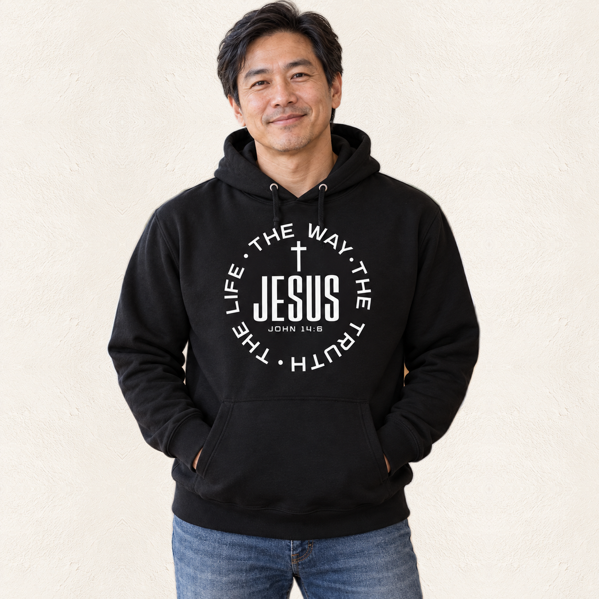 Jesus The Way Hoodie — original product and design — warm ivory background