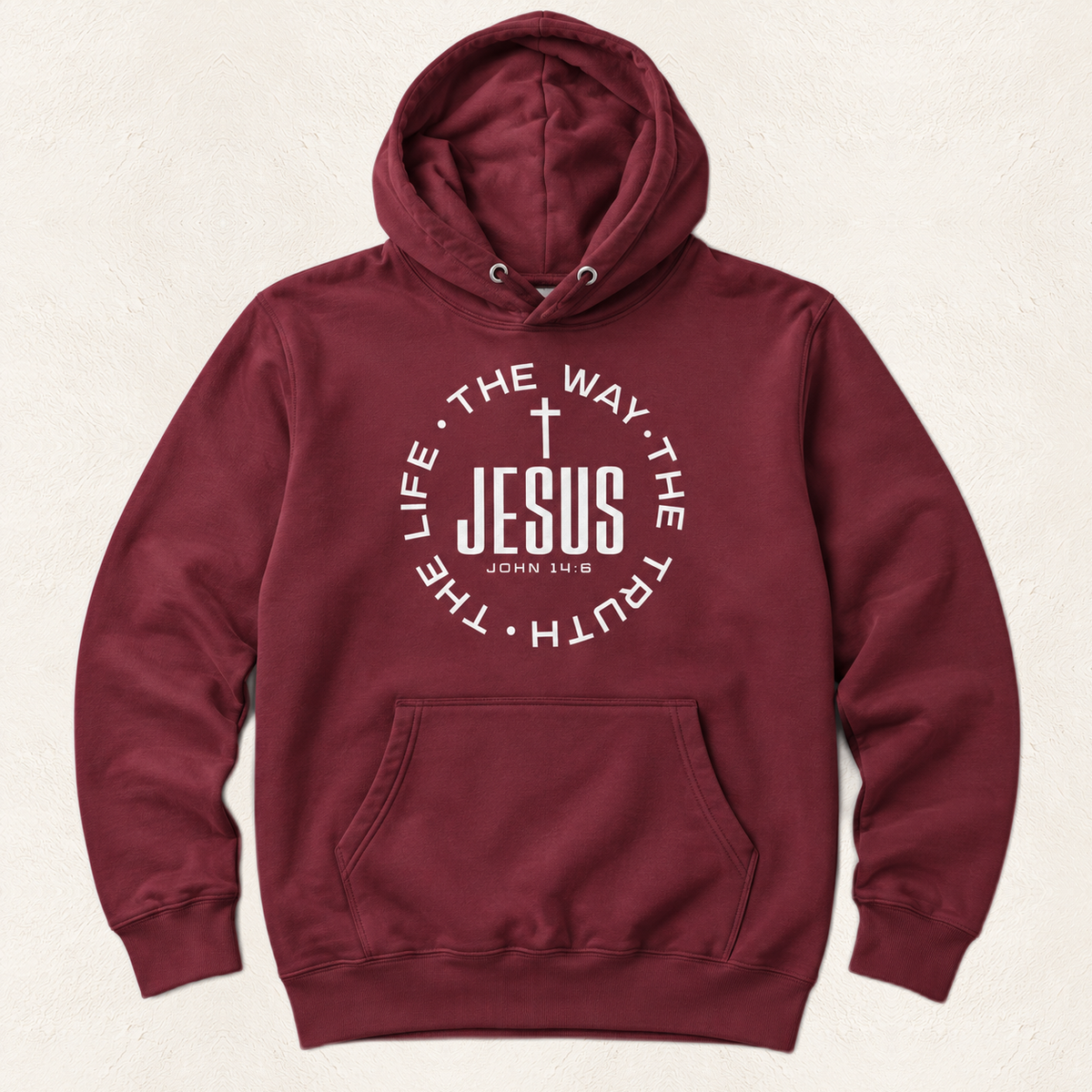 Jesus The Way Hoodie — original product and design — warm ivory background
