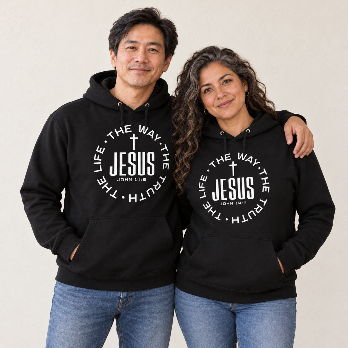 Jesus The Way Hoodie — Black — man and woman — ivory background