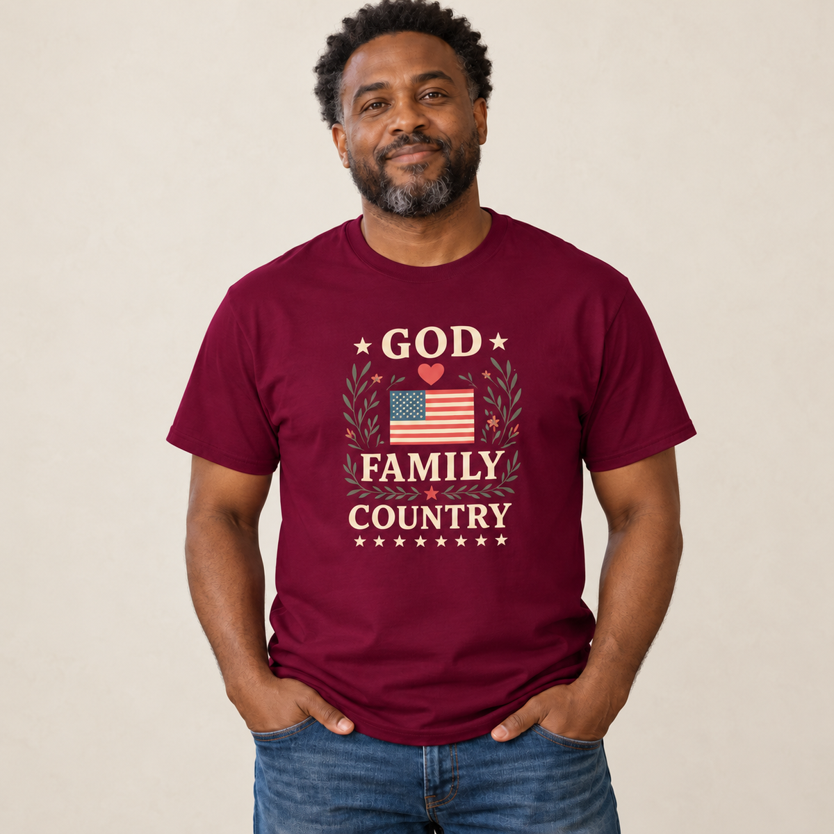 God Family Country Men's T-Shirt — original model and design, warm ivory background