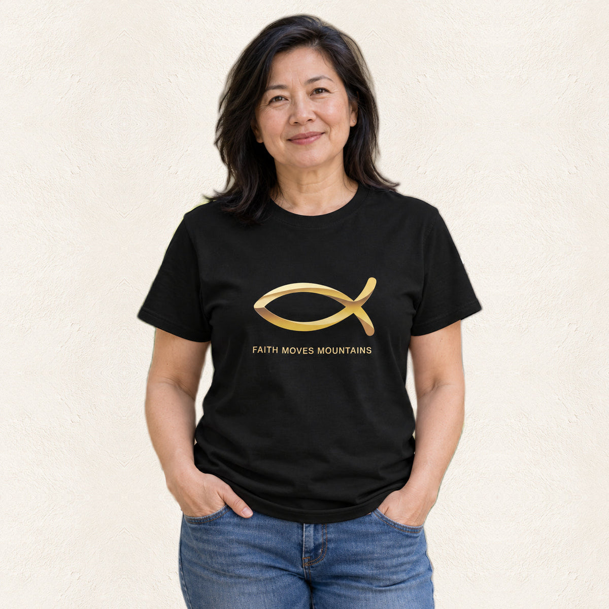 Jesus Fish Men's & Women's Christian T-Shirt — original product and design — warm ivory background