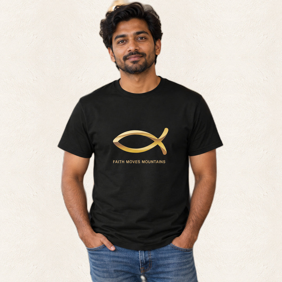 Jesus Fish Men's & Women's Christian T-Shirt — original product and design — warm ivory background
