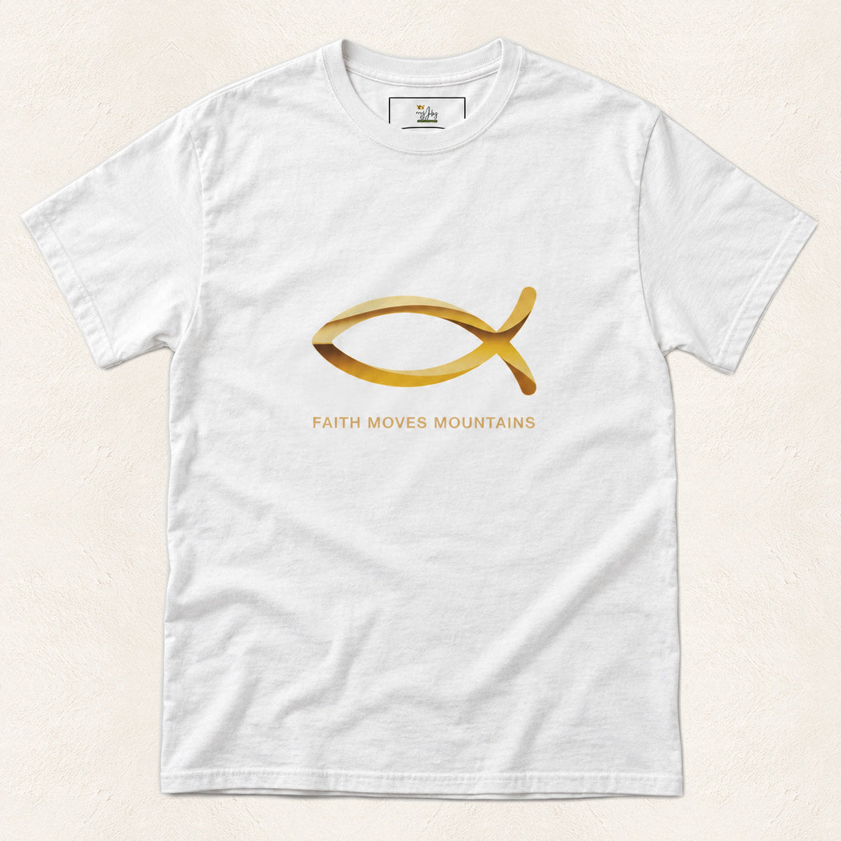 Jesus Fish Men's & Women's Christian T-Shirt — original product and design — warm ivory background