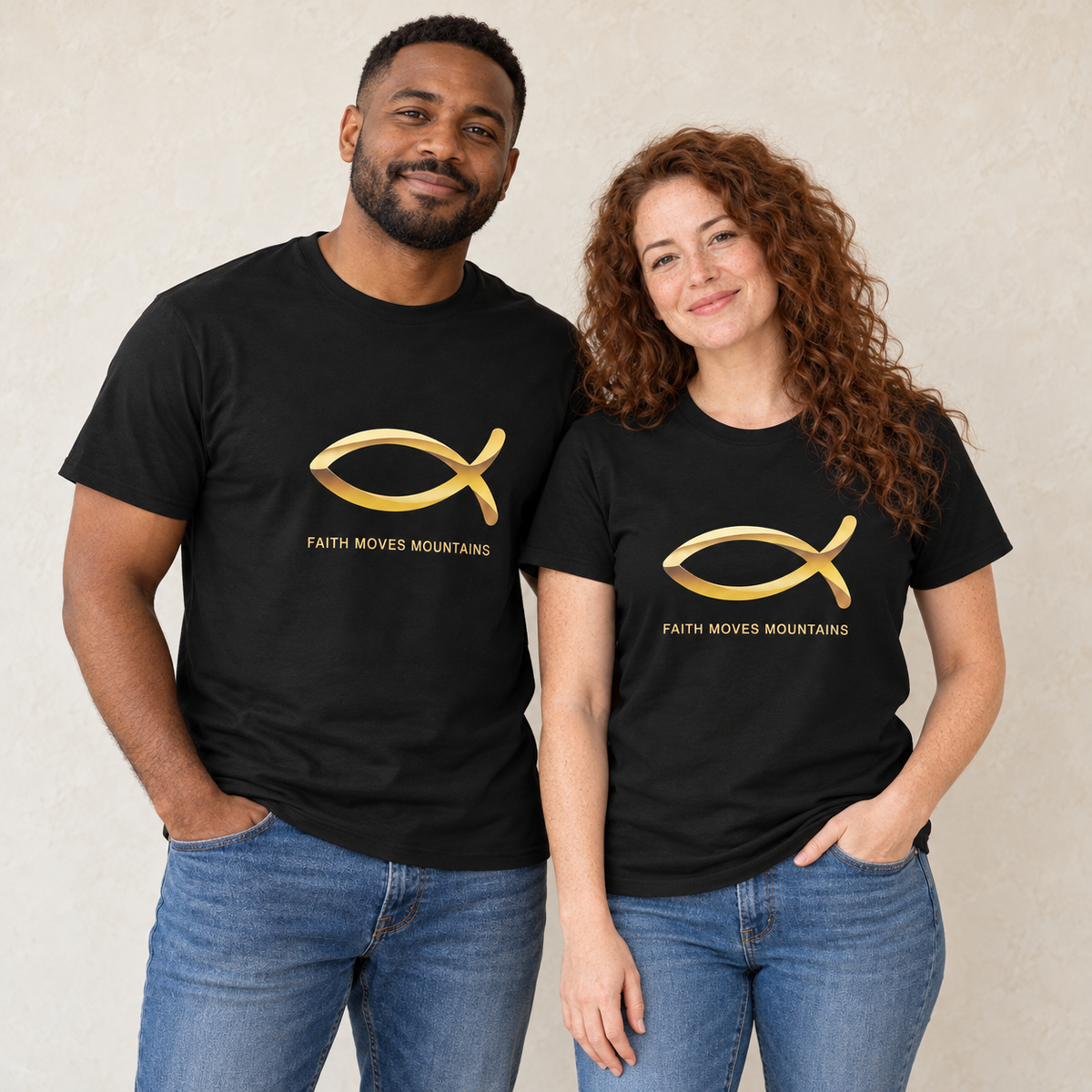 Jesus Fish Men's & Women's Christian T-Shirt — Black — man and woman — ivory background
