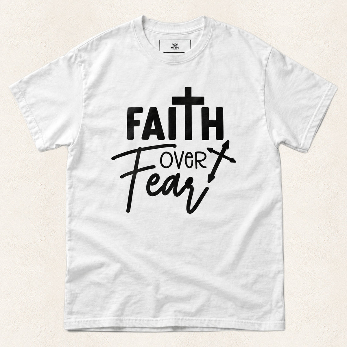 Faith Over Fear Cross Men's T-Shirt — original product and design — warm ivory background