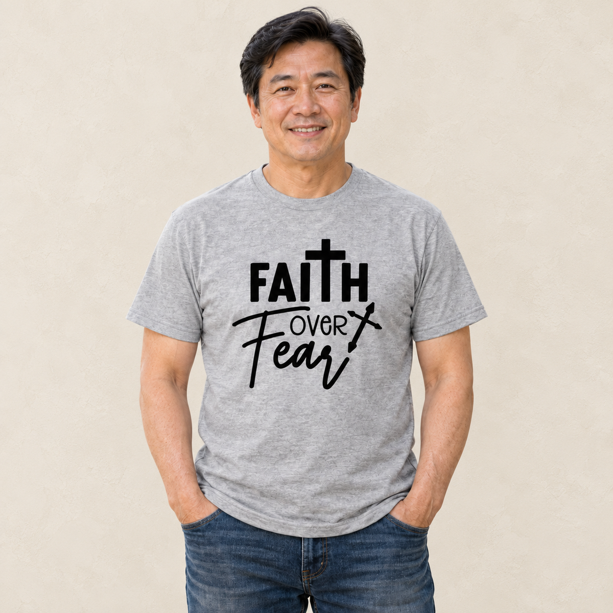 Faith Over Fear Cross Men's T-Shirt — original model and design, warm ivory background
