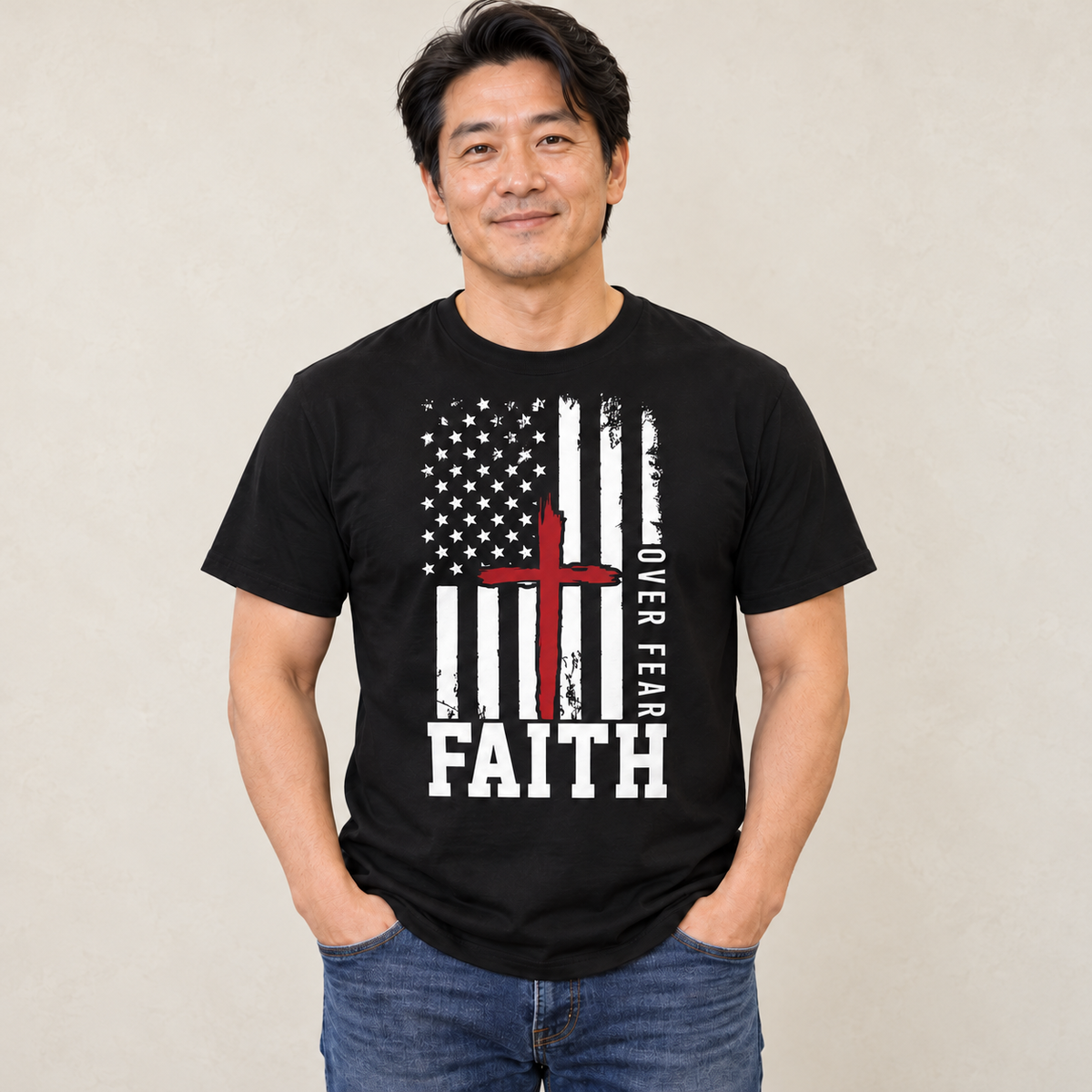 Faith Over Fear Patriotic Men's T-Shirt — original model and design, warm ivory background