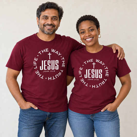 Jesus The Way John 14:6 Men's & Women's T-Shirt — Maroon — man and woman — ivory background