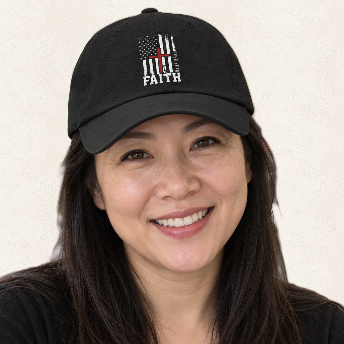 Faith Over Fear DTF Printed Cap — original product and design — warm ivory background