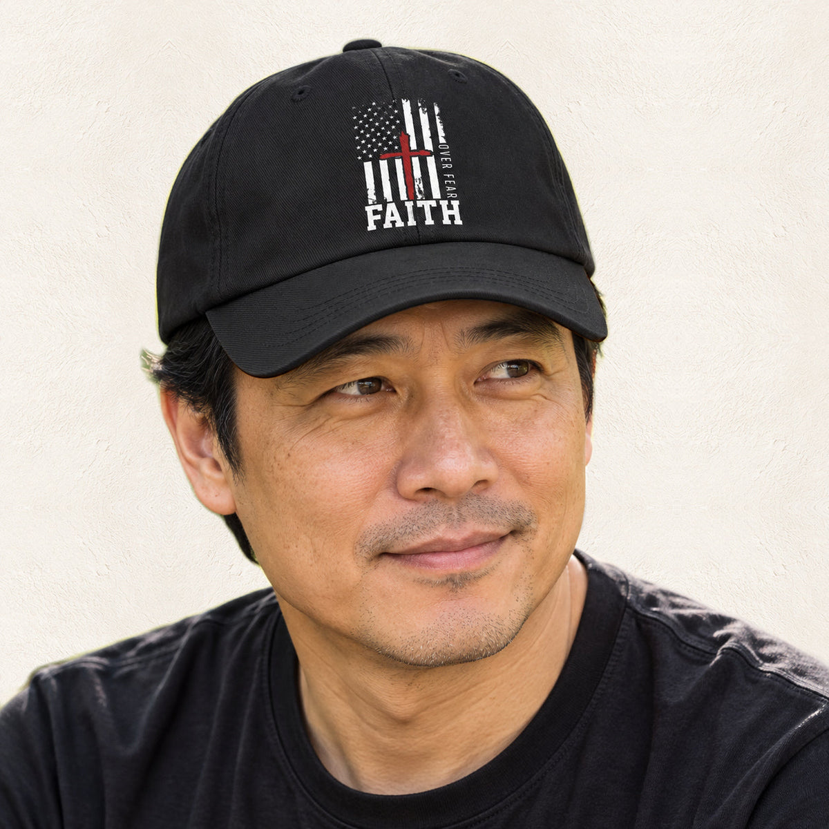 Faith Over Fear DTF Printed Cap — original product and design — warm ivory background