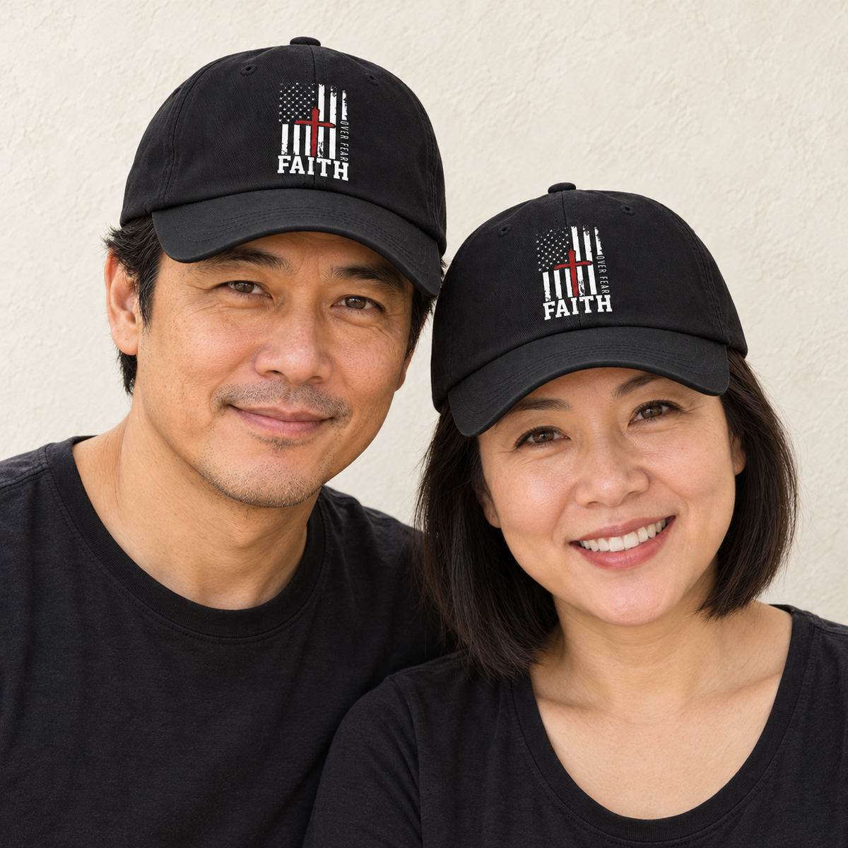 Faith Over Fear DTF Printed Cap — Black — man and woman — ivory background