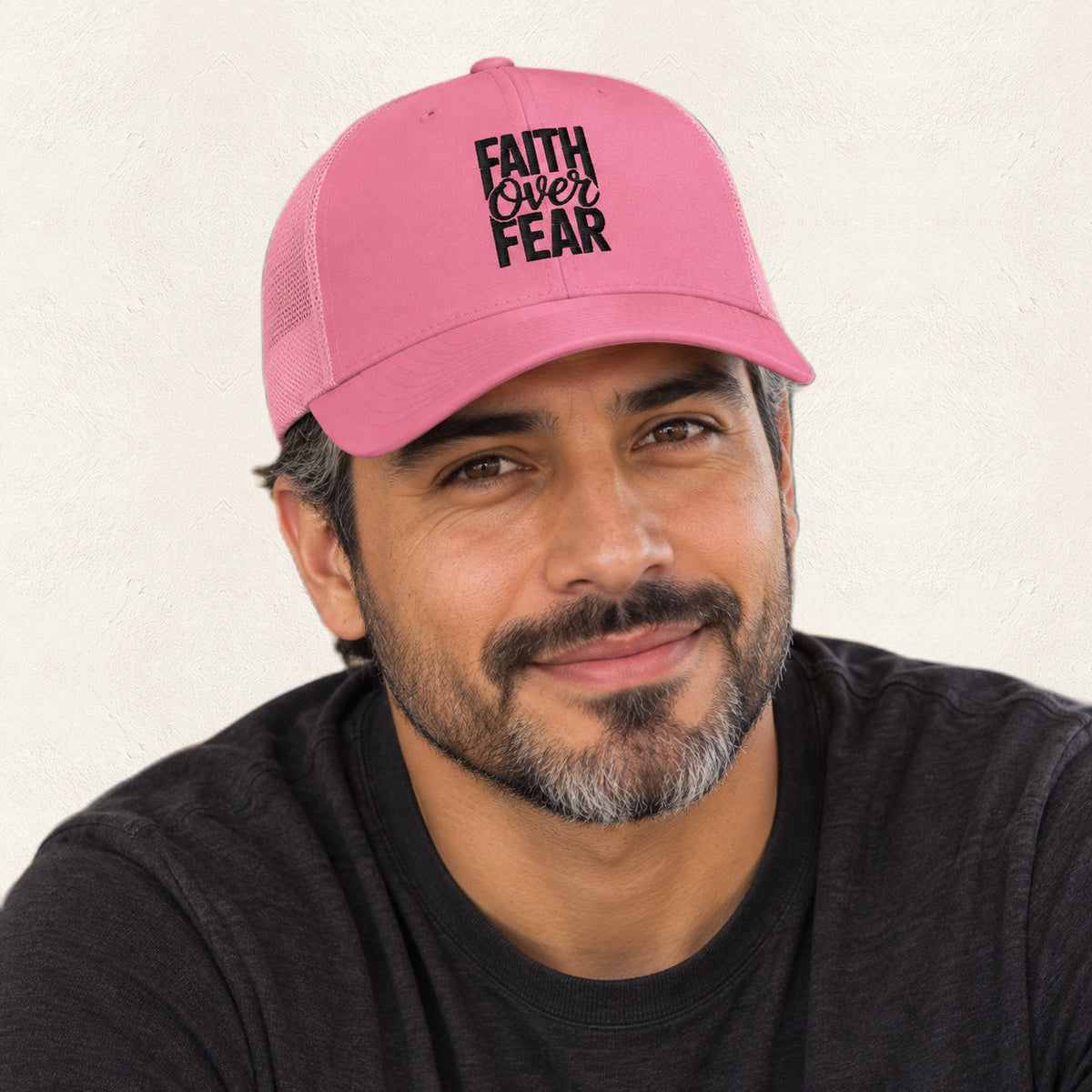 Faith Over Fear Embroidered Trucker Hat — original product and design — warm ivory background