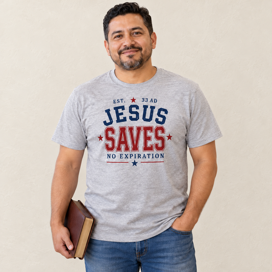 Jesus Saves Men's T-Shirt — original model and design, warm ivory background