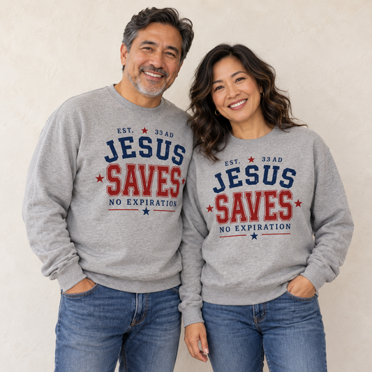 Jesus Saves Sweatshirt — Carbon Grey — man and woman — ivory background