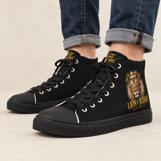 Lion of Judah Men’s High-Top Sneakers — original model and design, warm ivory background