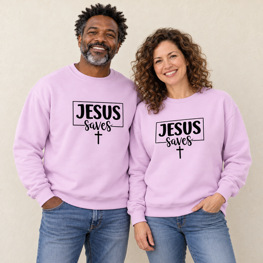 Jesus Saves Box Design Sweatshirt — Lavender — man and woman — ivory background