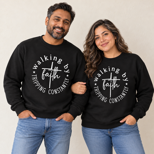 Walking by Faith Unisex Sweatshirt — Black — man and woman — ivory background