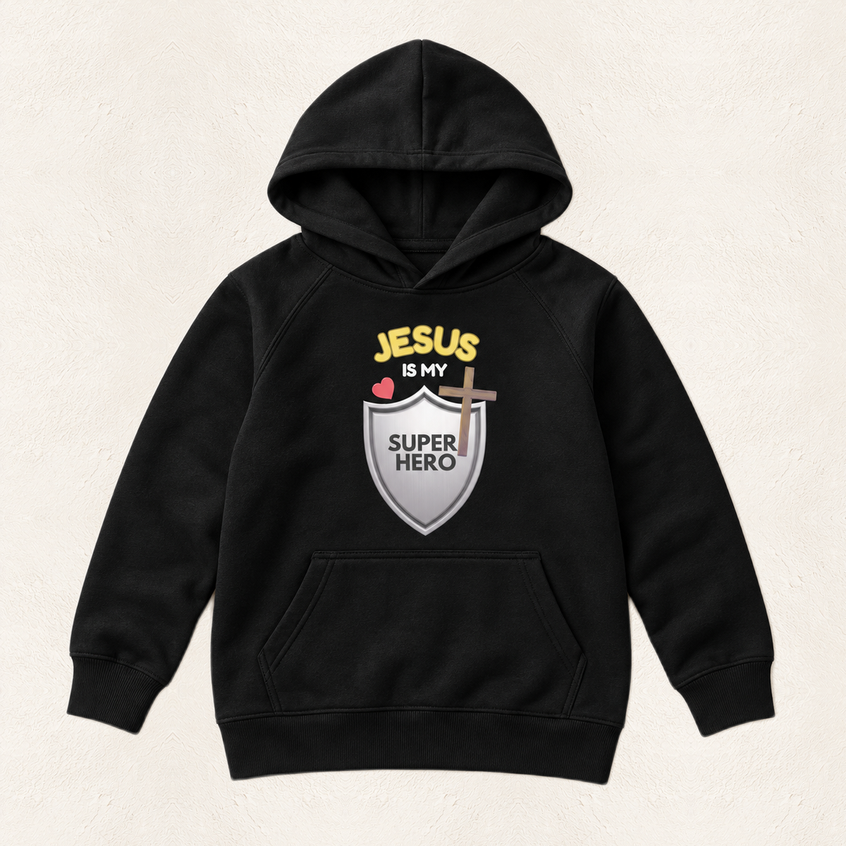 Jesus Is My Superhero Kids Hoodie — original product and design — warm ivory background