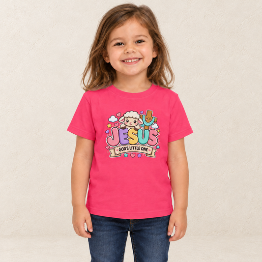 Jesus God's Little One Toddler Girls' T-Shirt — original child model — warm ivory textured background