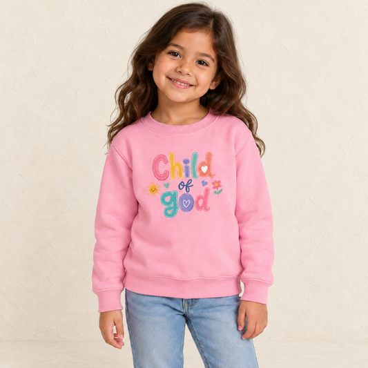 Child of God Girls' Sweatshirt — original child model — warm ivory textured background