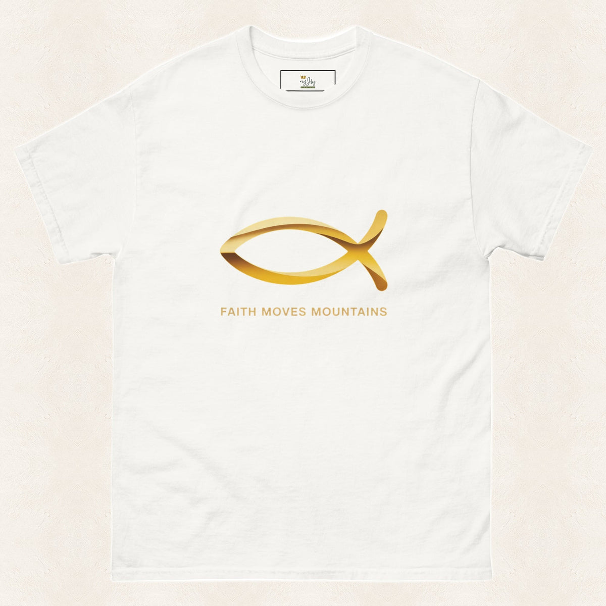 Jesus Fish Men's & Women's Christian T-Shirt — original product and design — warm ivory background