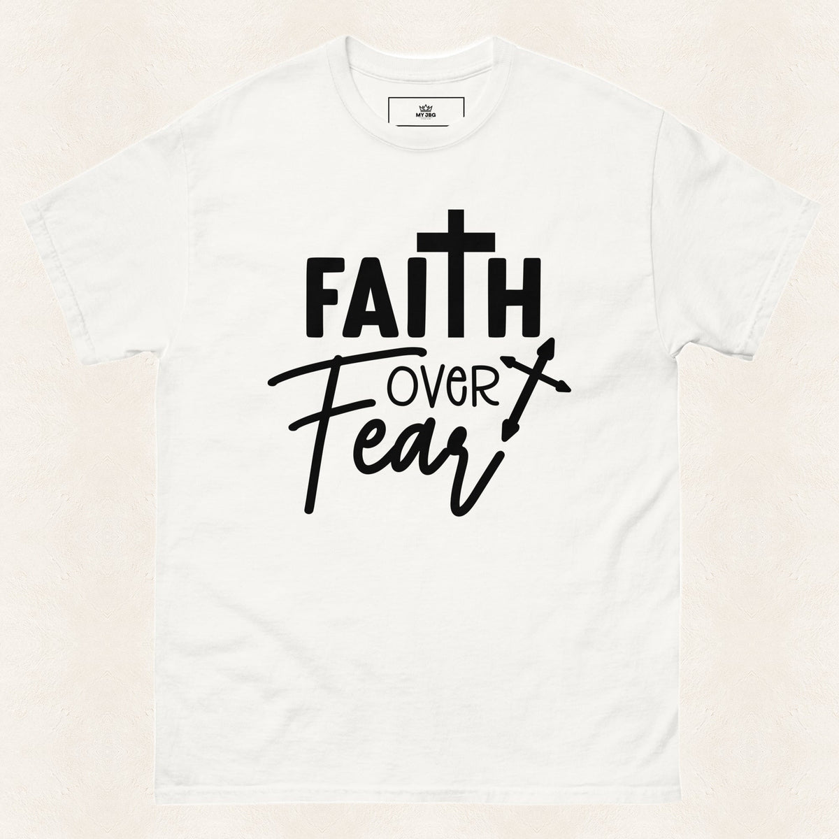 Faith Over Fear Cross Men's T-Shirt — original product and design — warm ivory background