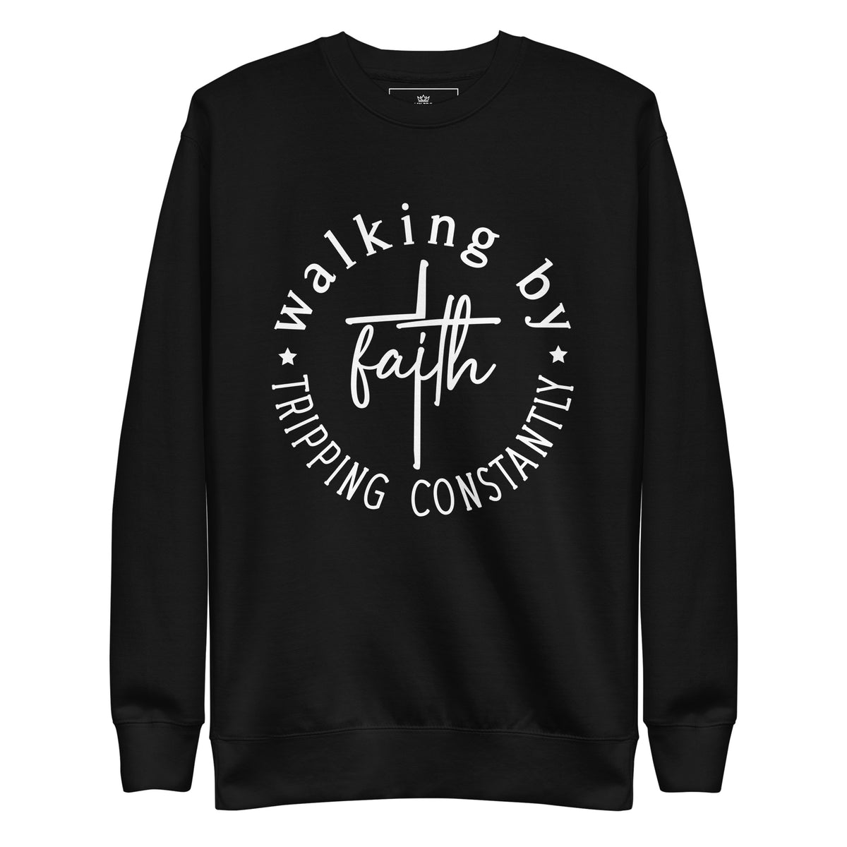 Walking by Faith unisex Christian sweatshirt in Black with white cross and faith design, front view