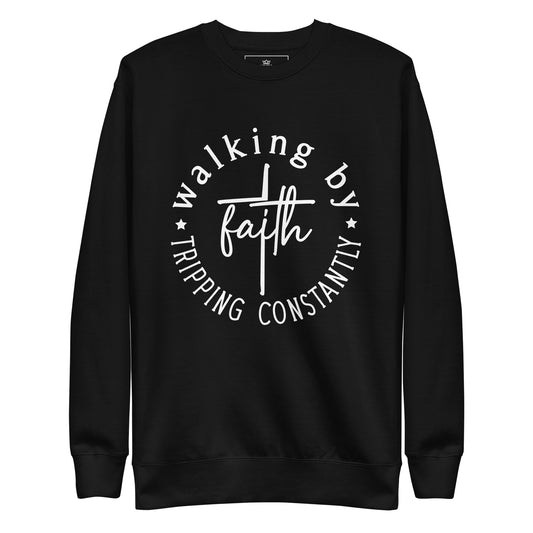 Walking by Faith unisex Christian sweatshirt in Black with white cross and faith design, front view