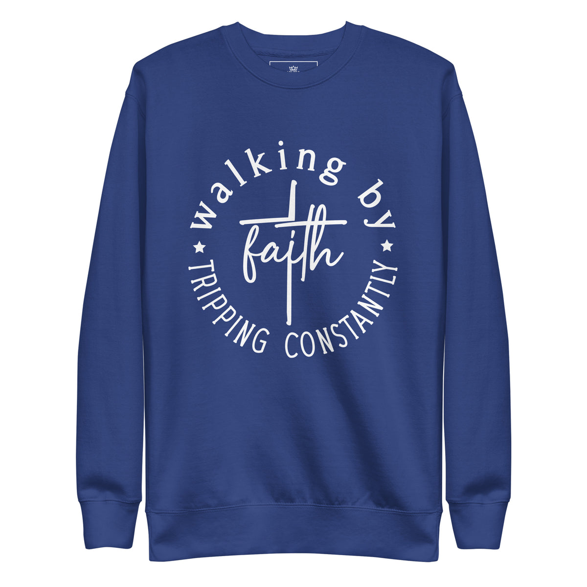 Walking by Faith unisex Christian sweatshirt in Team Royal with white cross and faith design, front view